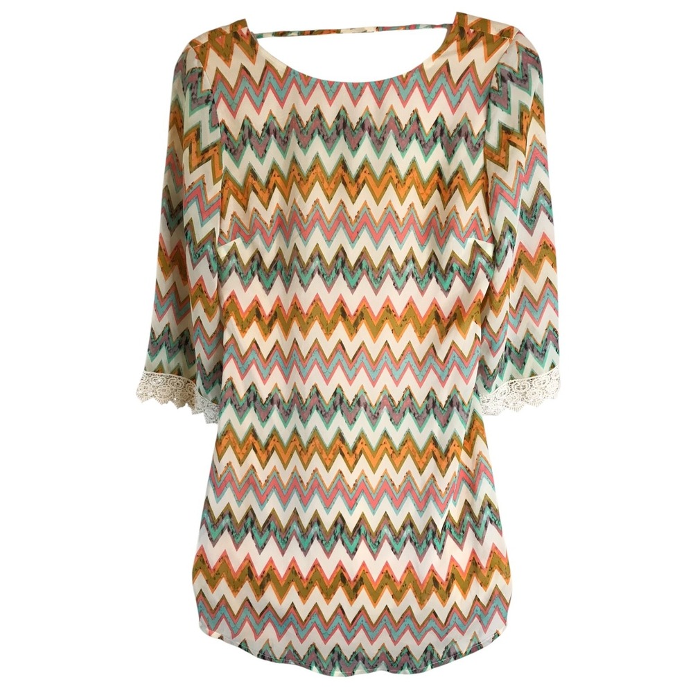 Accidentally In‎ Love Chevron multi color print 3/4 Sleeve boho Dress Sz 3